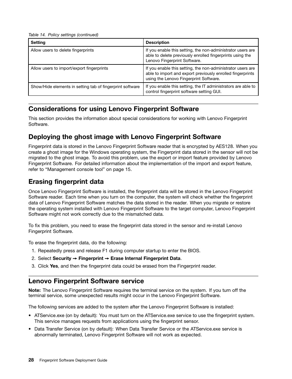 Erasing fingerprint data, Lenovo fingerprint software service | Lenovo ThinkCentre A51 User Manual | Page 36 / 44