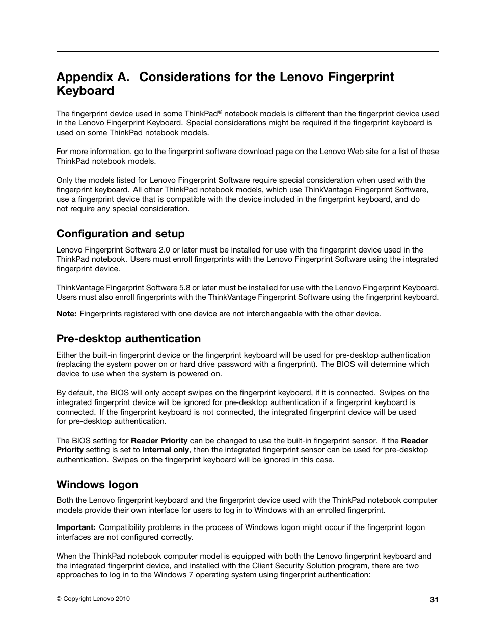 Configuration and setup, Pre-desktop authentication, Windows logon | Lenovo ThinkCentre A51 User Manual | Page 39 / 44