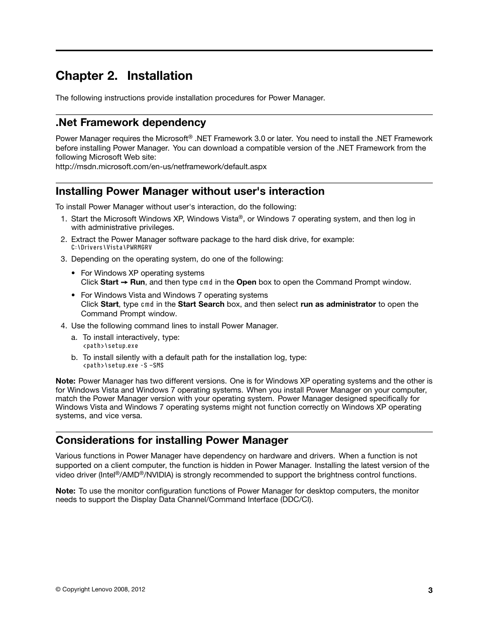 Chapter 2. installation, Net framework dependency, Considerations for installing power manager | Lenovo ThinkCentre M71e User Manual | Page 9 / 44
