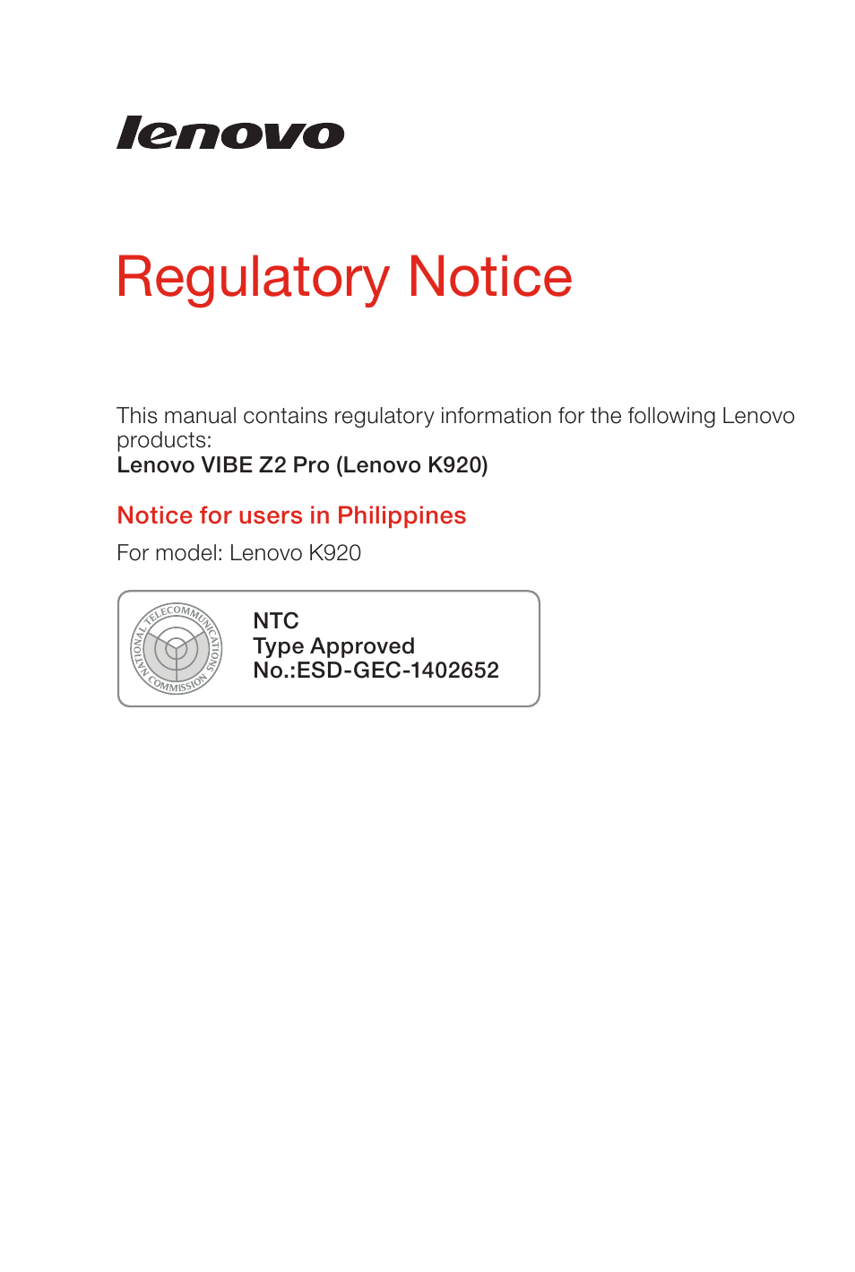Lenovo K920 Smartphone User Manual | 2 pages