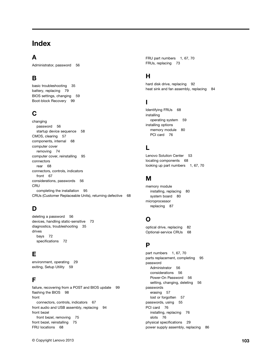 Index | Lenovo 62 Desktop User Manual | Page 107 / 110