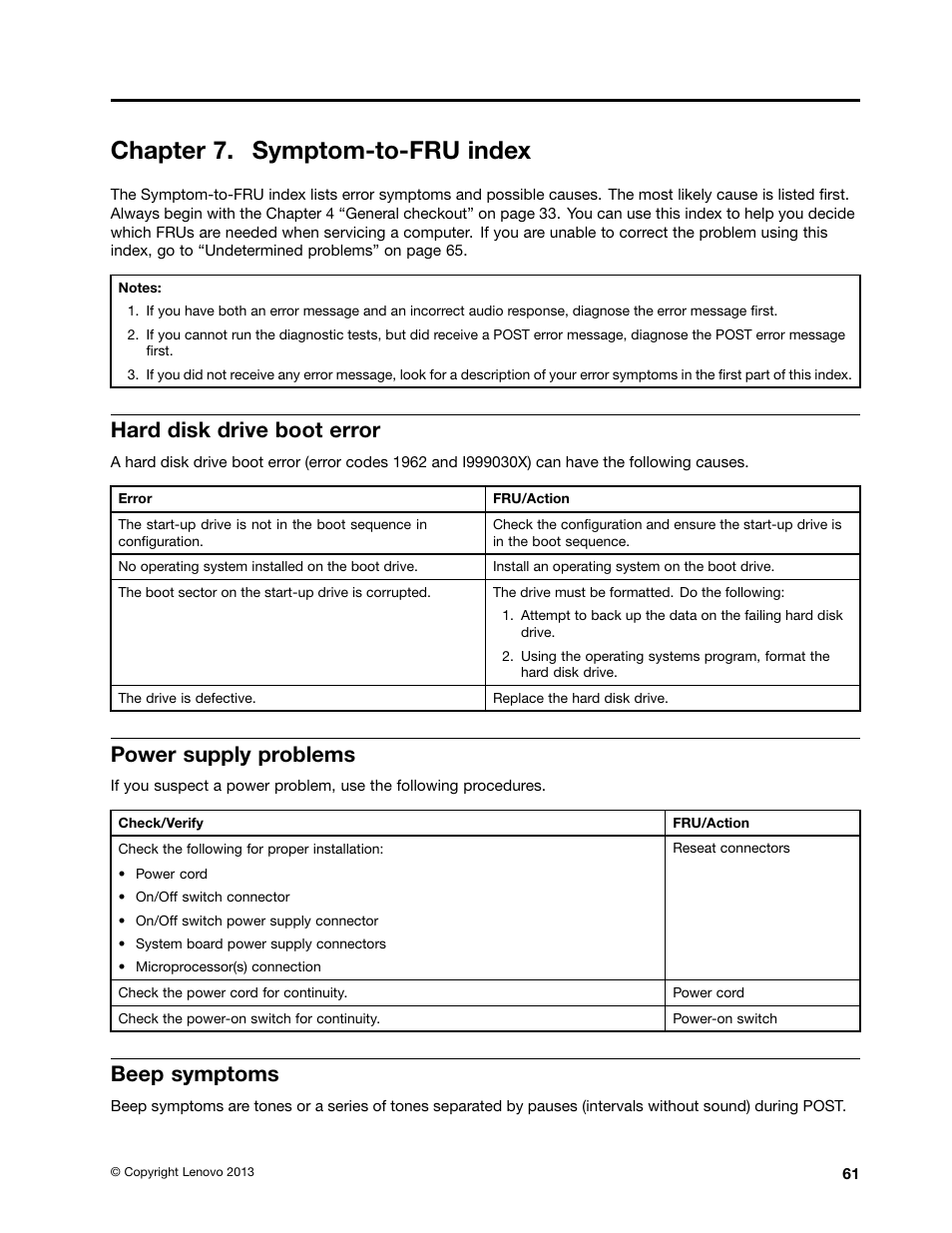 Chapter 7. symptom-to-fru index, Hard disk drive boot error, Power supply problems | Beep symptoms | Lenovo 62 Desktop User Manual | Page 65 / 110