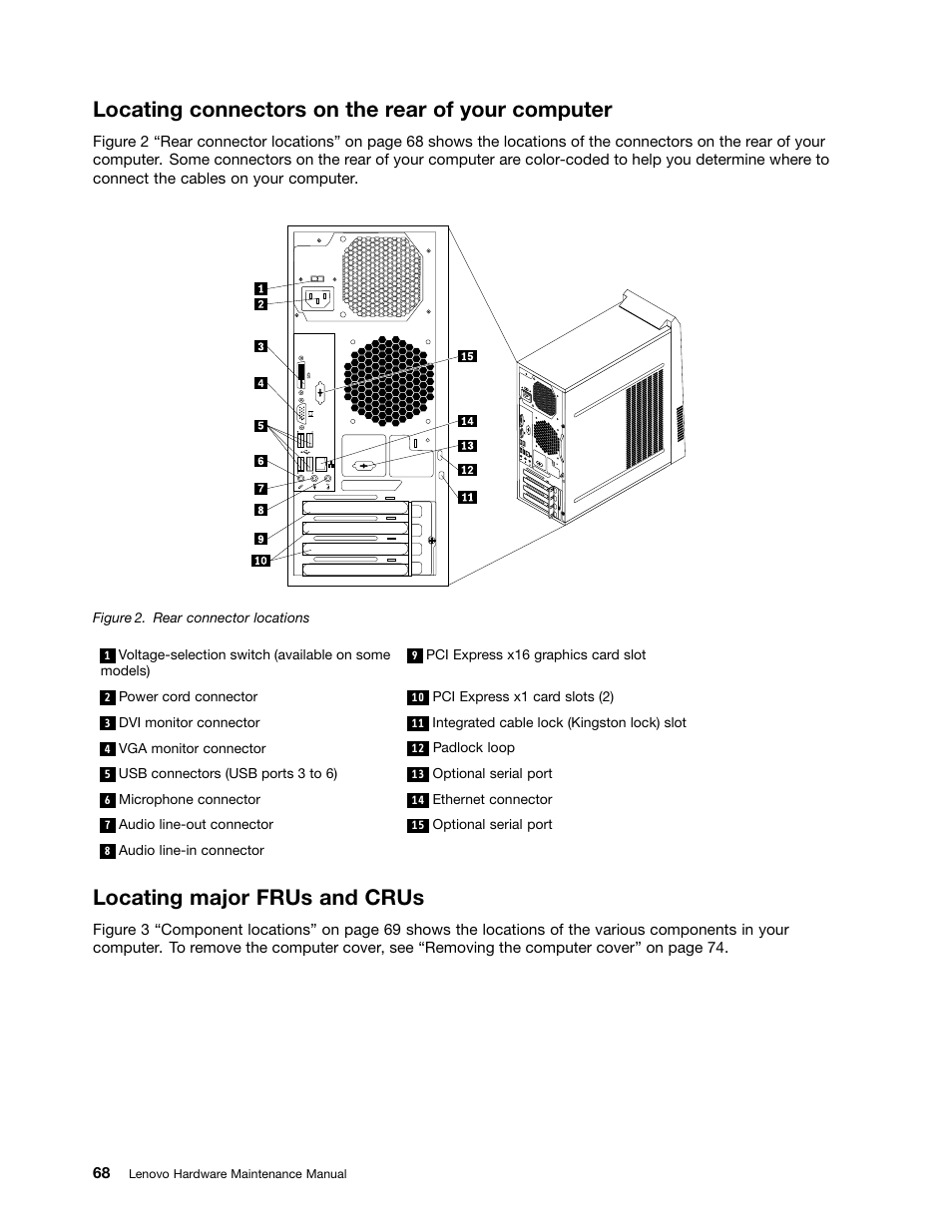 Locating connectors on the rear of your computer, Locating major frus and crus | Lenovo 62 Desktop User Manual | Page 72 / 110