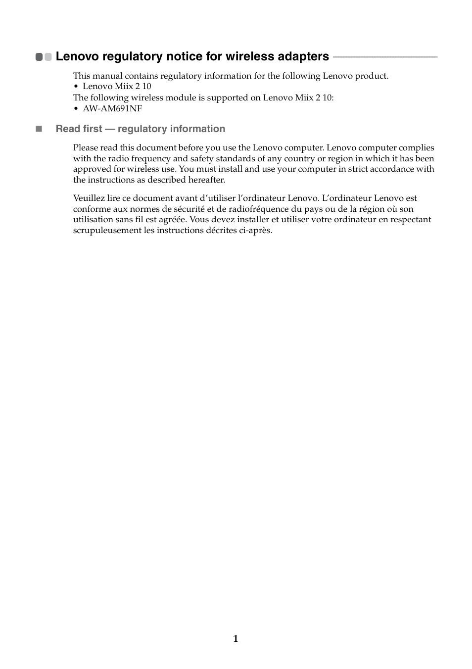 Lenovo regulatory notice for wireless adapters | Lenovo Miix 2 10 Tablet Lenovo User Manual | Page 2 / 6