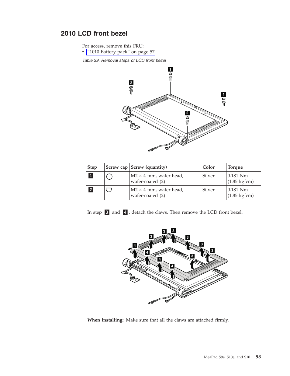 2010 lcd front bezel, Front, Bezel | Lenovo IdeaPad S9e -FR User Manual | Page 101 / 142