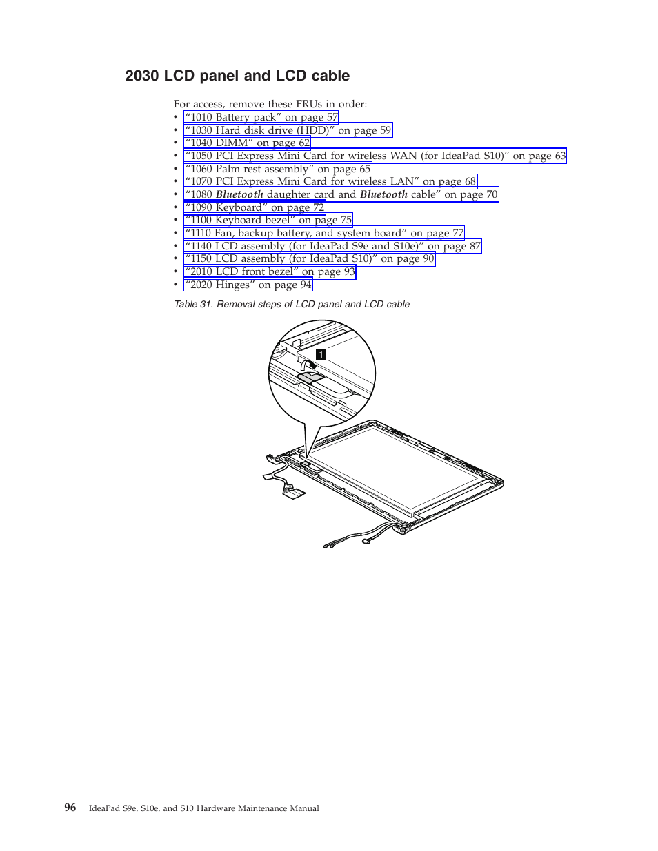 2030 lcd panel and lcd cable, Panel, Cable | Lenovo IdeaPad S9e -FR User Manual | Page 104 / 142