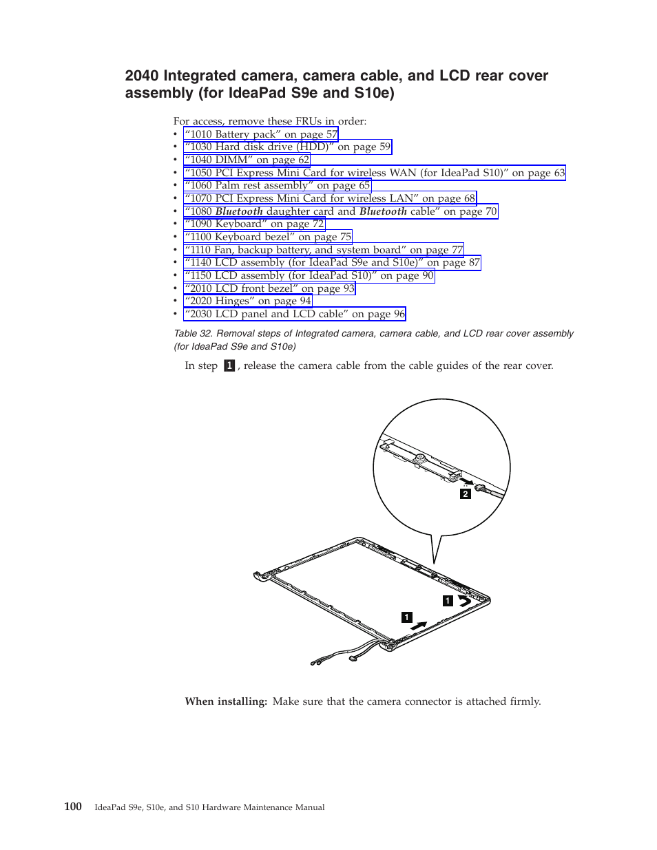 Integrated, Camera, Cable | Rear, Cover, Assembly, Ideapad, S10e) | Lenovo IdeaPad S9e -FR User Manual | Page 108 / 142