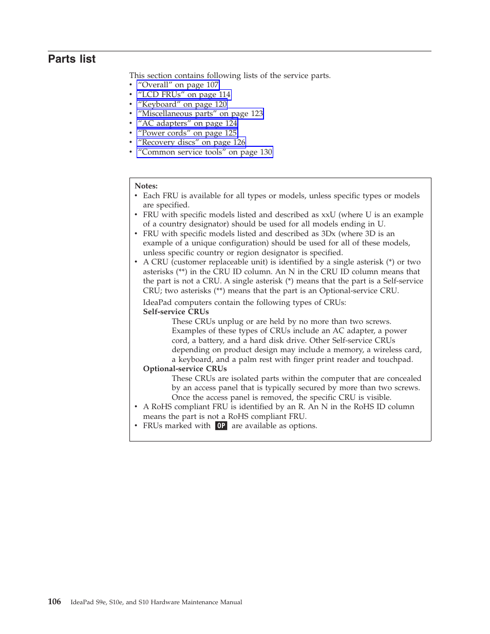 Parts list, Parts, List | Lenovo IdeaPad S9e -FR User Manual | Page 114 / 142