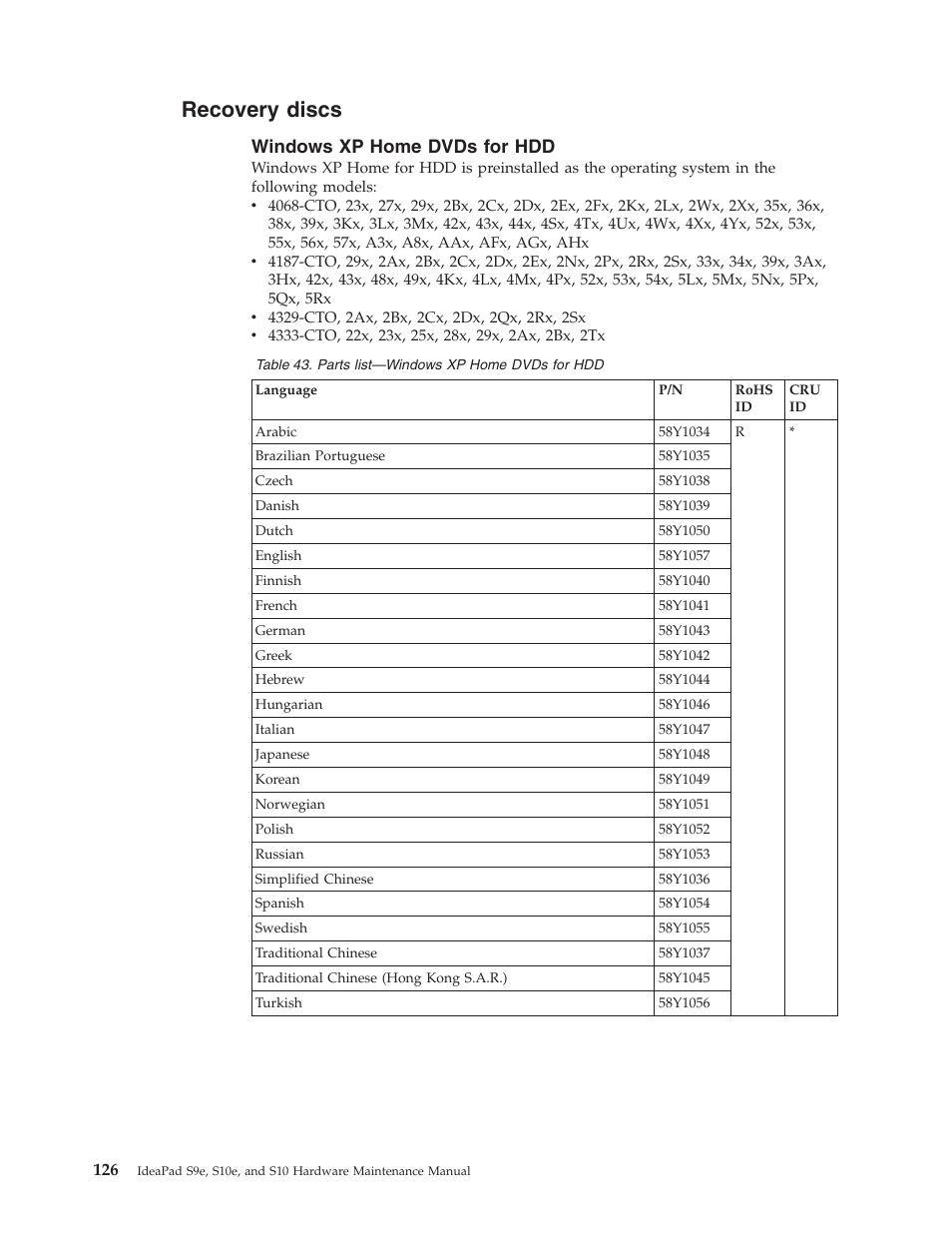 Recovery discs, Windows xp home dvds for hdd, Recovery | Discs, Windows, Home, Dvds | Lenovo IdeaPad S9e -FR User Manual | Page 134 / 142