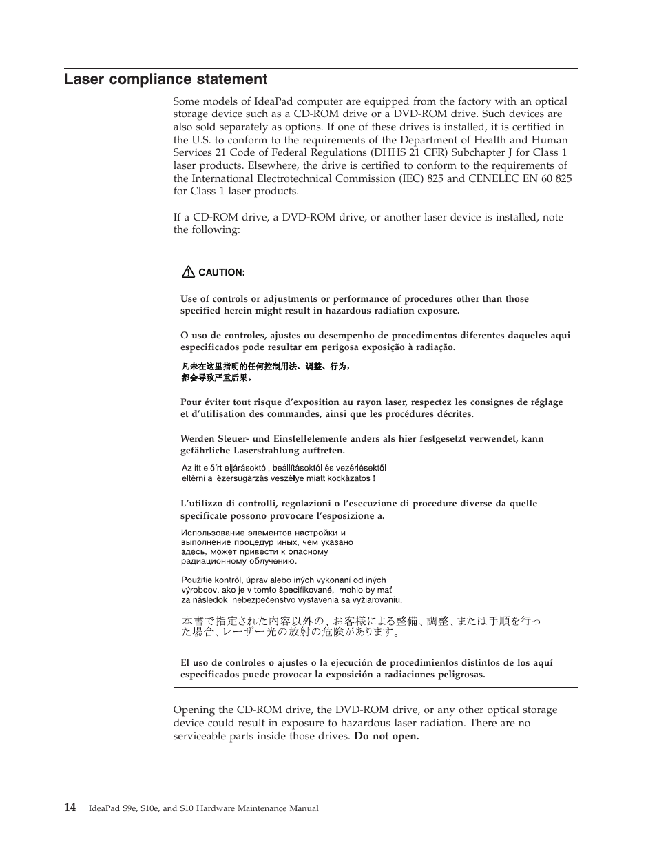 Laser compliance statement, Laser, Compliance | Statement | Lenovo IdeaPad S9e -FR User Manual | Page 22 / 142