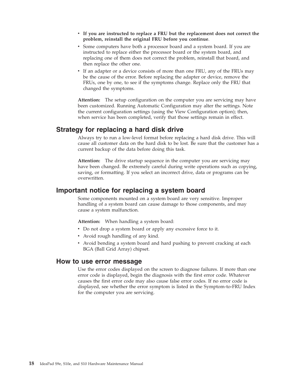 Strategy for replacing a hard disk drive, Important notice for replacing a system board, How to use error message | Strategy, Replacing, Hard, Disk, Drive, Important, Notice | Lenovo IdeaPad S9e -FR User Manual | Page 26 / 142