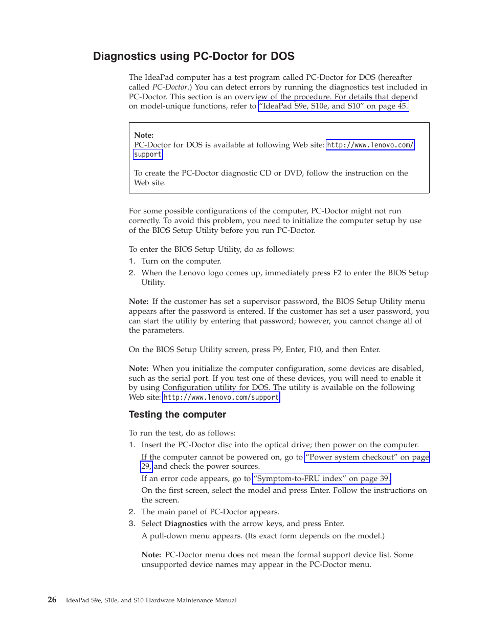 Diagnostics using pc-doctor for dos, Testing the computer, Diagnostics | Using, Pc-doctor, Testing, Computer | Lenovo IdeaPad S9e -FR User Manual | Page 34 / 142