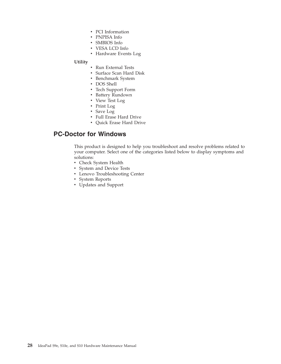 Pc-doctor for windows, Pc-doctor, Windows | Lenovo IdeaPad S9e -FR User Manual | Page 36 / 142