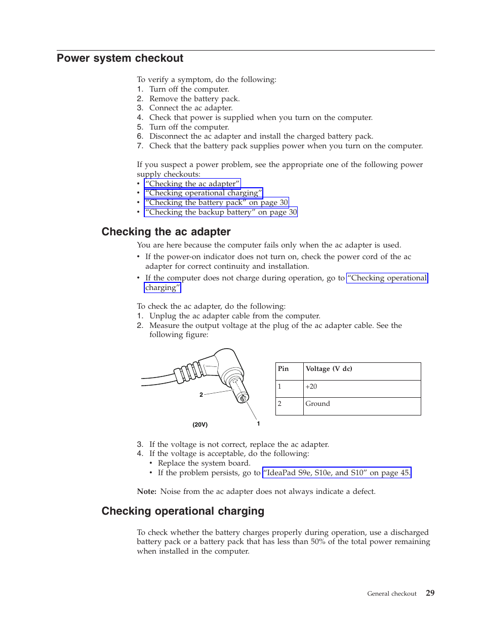 Power system checkout, Checking the ac adapter, Checking operational charging | Power, System, Checkout, Checking, Adapter, Operational, Charging | Lenovo IdeaPad S9e -FR User Manual | Page 37 / 142