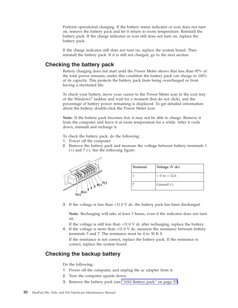 Checking the battery pack, Checking the backup battery, Checking | Battery, Pack, Backup | Lenovo IdeaPad S9e -FR User Manual | Page 38 / 142