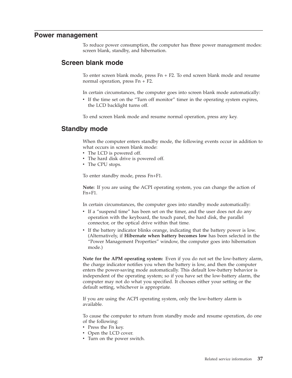 Power management, Screen blank mode, Standby mode | Power, Management, Screen, Blank, Mode, Standby | Lenovo IdeaPad S9e -FR User Manual | Page 45 / 142