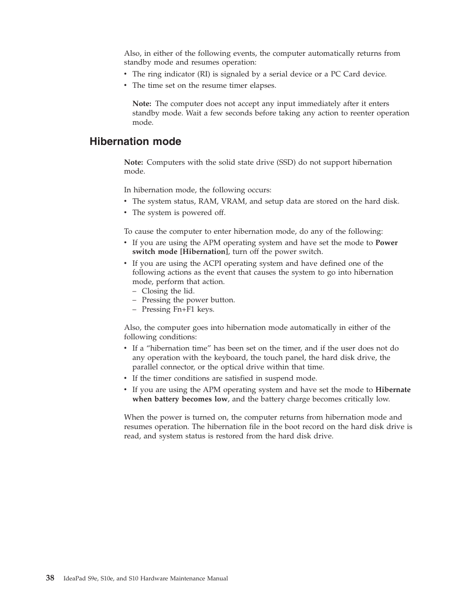 Hibernation mode, Hibernation, Mode | Lenovo IdeaPad S9e -FR User Manual | Page 46 / 142