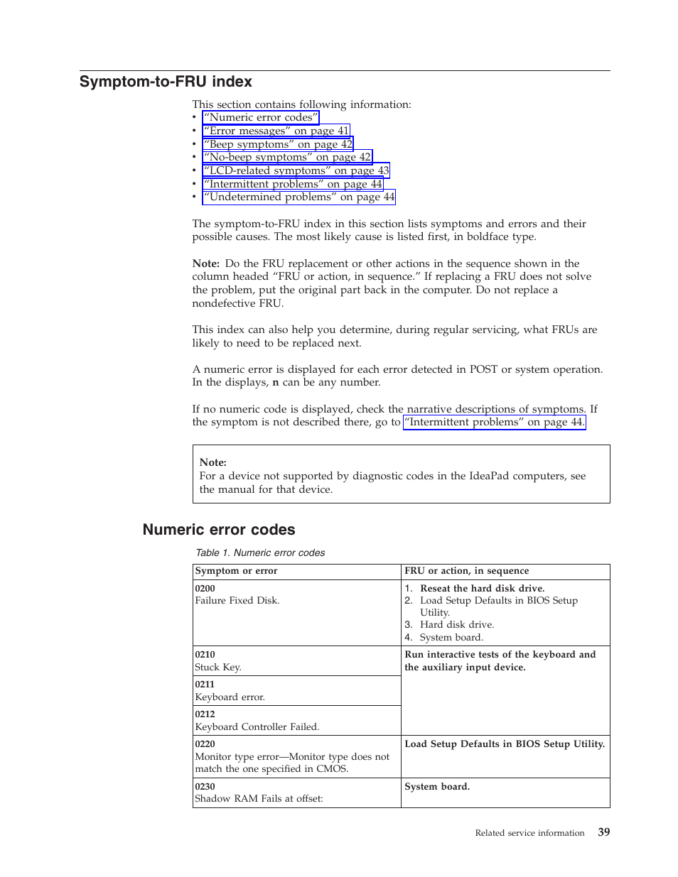 Symptom-to-fru index, Numeric error codes, Symptom-to-fru | Index, Numeric, Error, Codes | Lenovo IdeaPad S9e -FR User Manual | Page 47 / 142