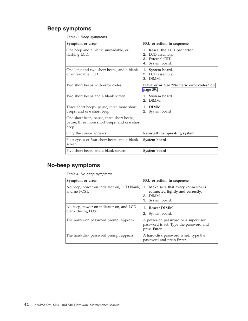 Beep symptoms, No-beep symptoms, Beep | Symptoms, No-beep | Lenovo IdeaPad S9e -FR User Manual | Page 50 / 142