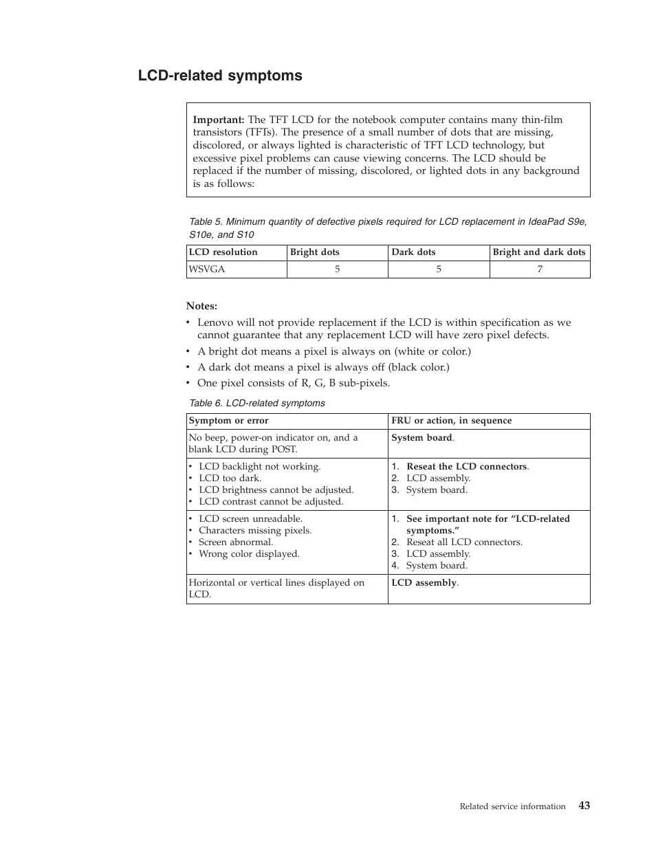 Lcd-related symptoms, Lcd-related, Symptoms | Lenovo IdeaPad S9e -FR User Manual | Page 51 / 142