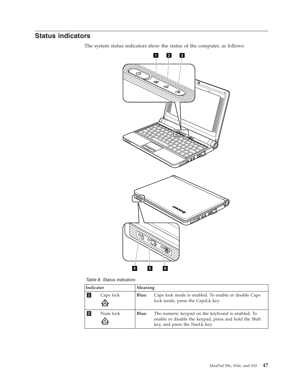 Status indicators, Status, Indicators | Lenovo IdeaPad S9e -FR User Manual | Page 55 / 142