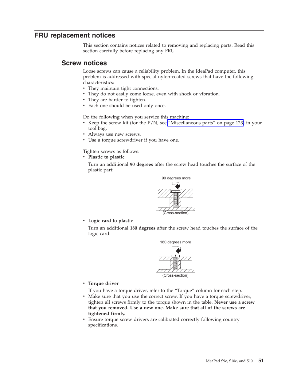 Fru replacement notices, Screw notices, Replacement | Notices, Screw | Lenovo IdeaPad S9e -FR User Manual | Page 59 / 142