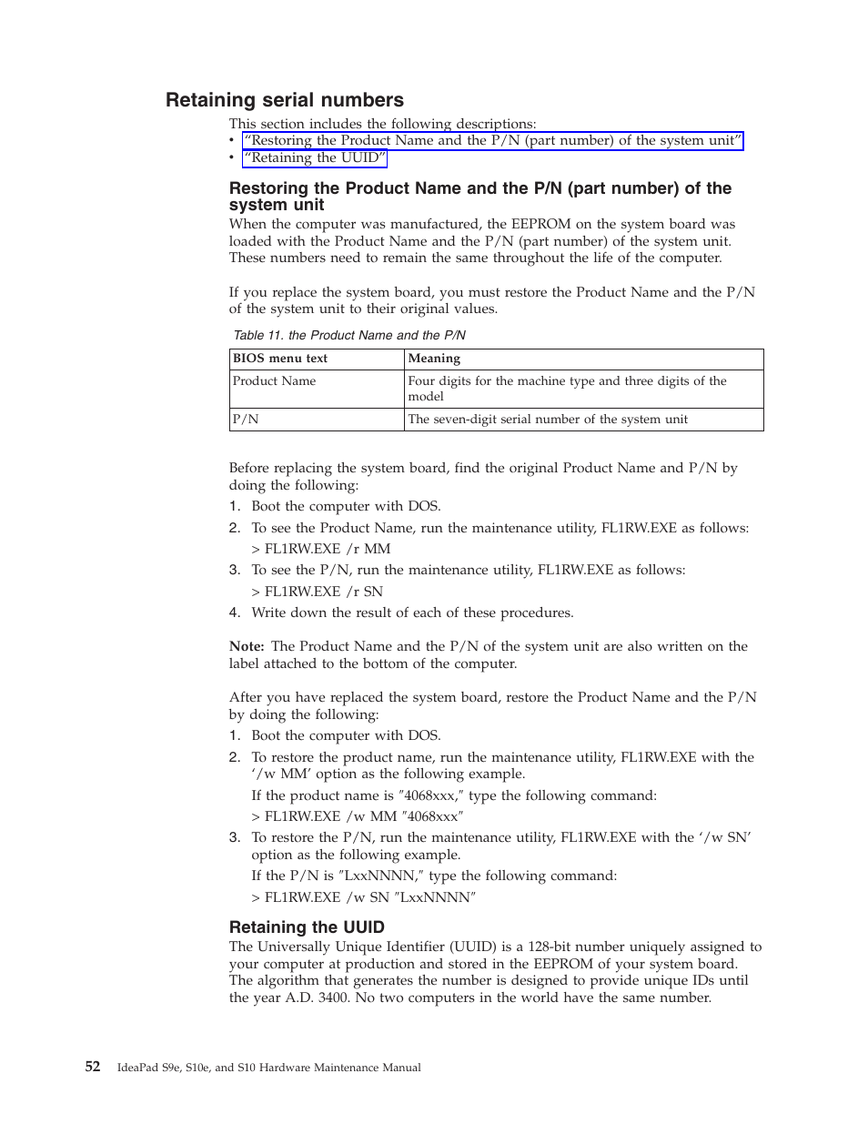 Retaining serial numbers, Retaining the uuid, Retaining | Serial, Numbers, Restoring, Product, Name, Part, Number) | Lenovo IdeaPad S9e -FR User Manual | Page 60 / 142