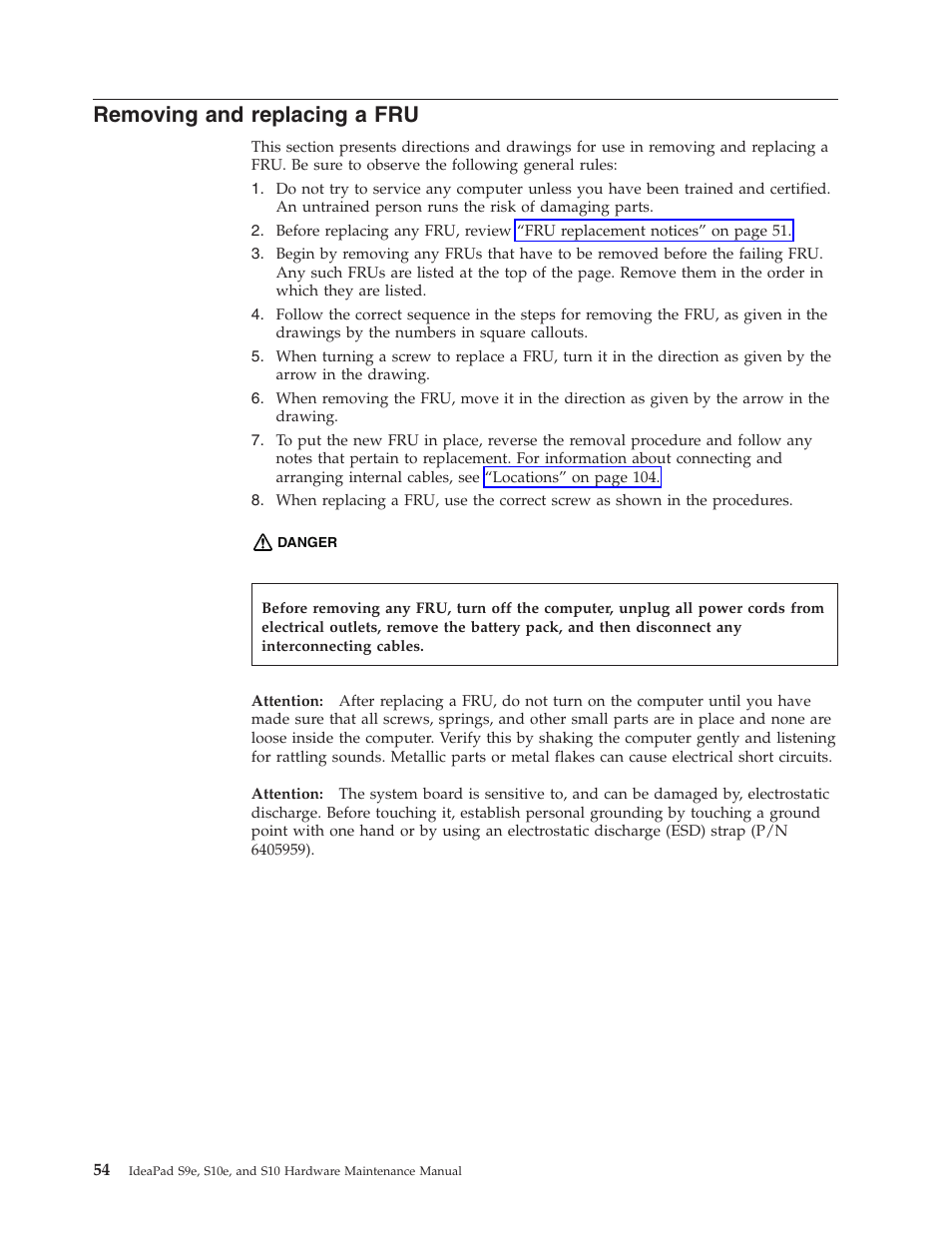 Removing and replacing a fru, Removing, Replacing | Lenovo IdeaPad S9e -FR User Manual | Page 62 / 142