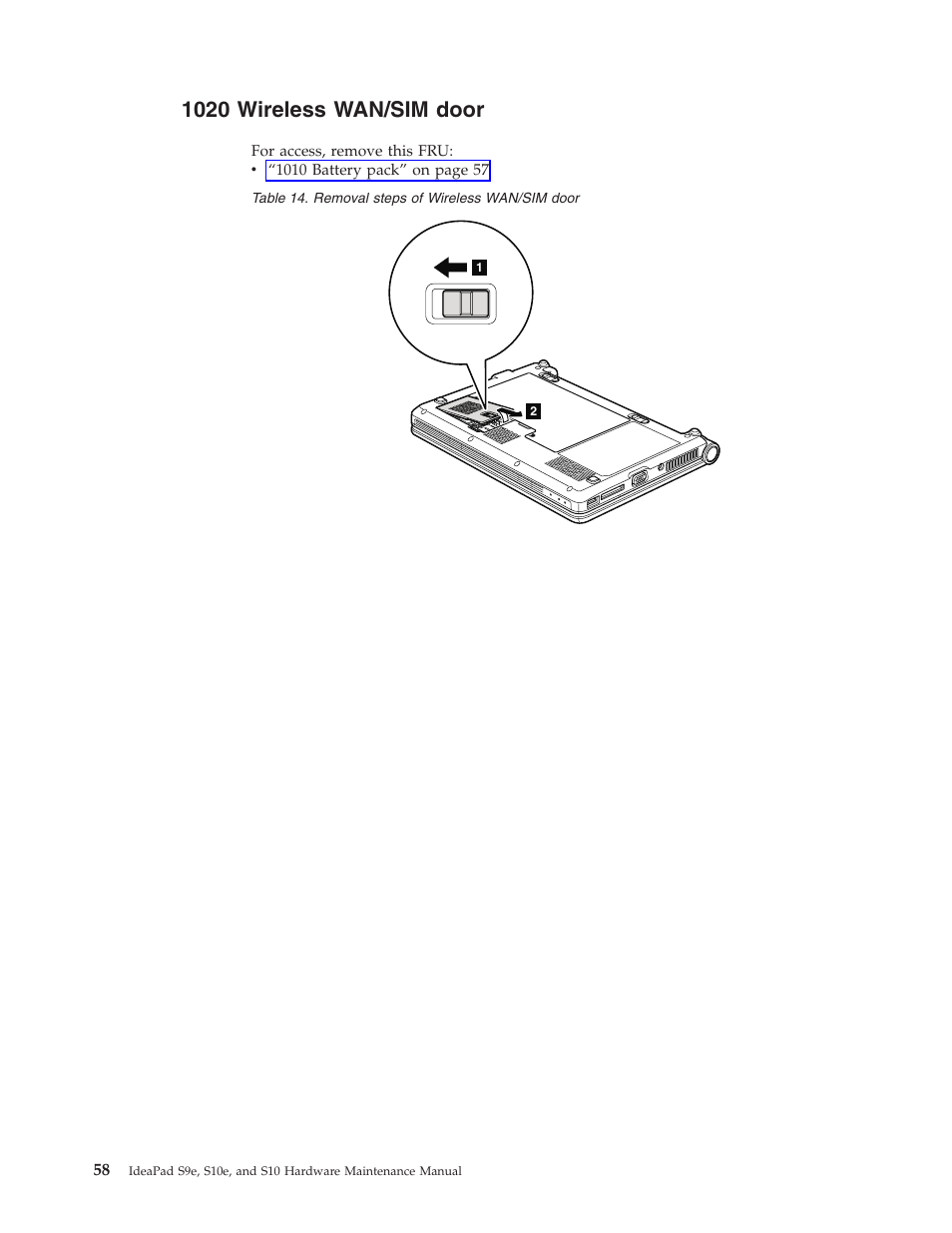 1020 wireless wan/sim door, Wireless, Wan/sim | Door | Lenovo IdeaPad S9e -FR User Manual | Page 66 / 142