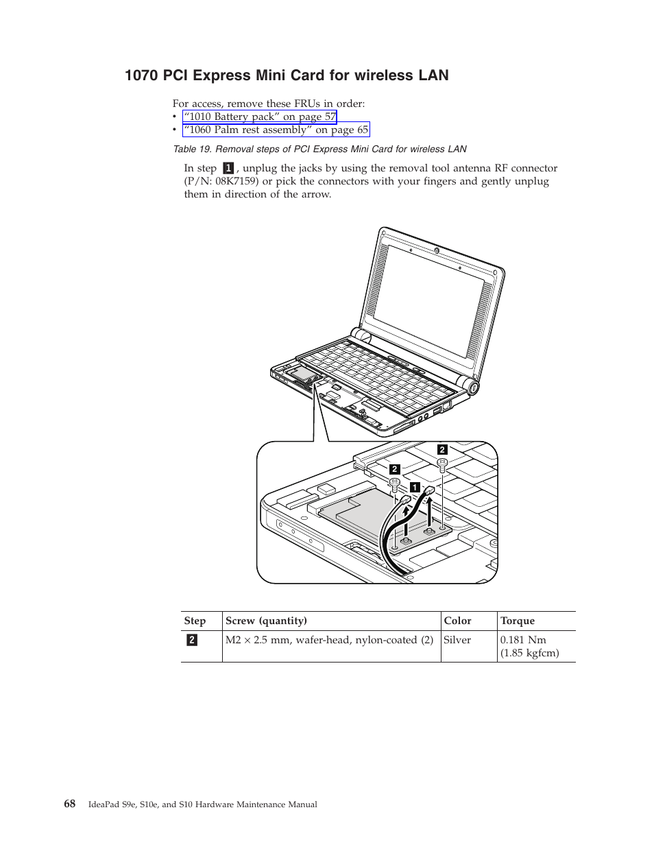 1070 pci express mini card for wireless lan, Express, Mini | Card, Wireless | Lenovo IdeaPad S9e -FR User Manual | Page 76 / 142