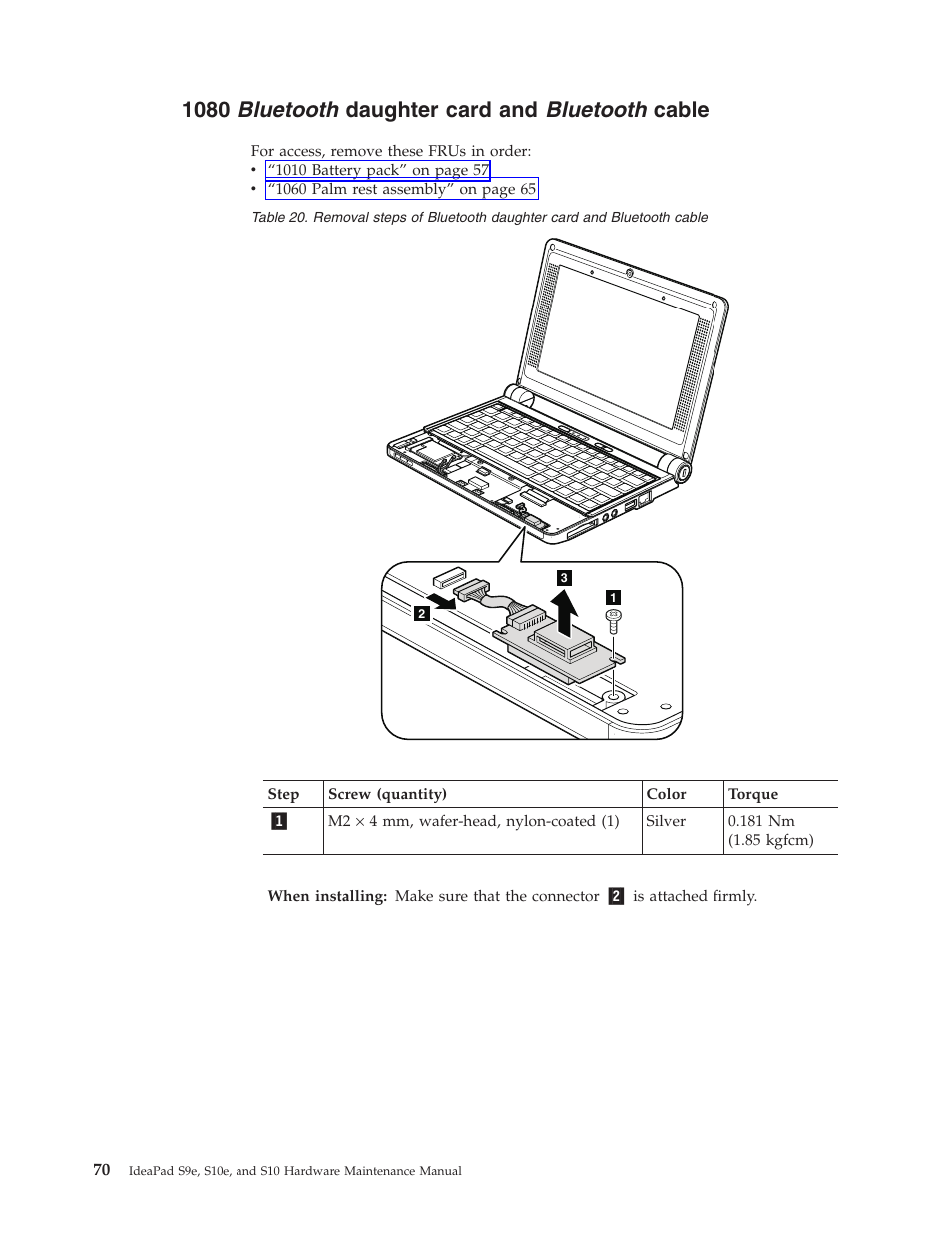 1080 bluetooth daughter card and bluetooth cable, Bluetooth, Daughter | Card, Cable | Lenovo IdeaPad S9e -FR User Manual | Page 78 / 142