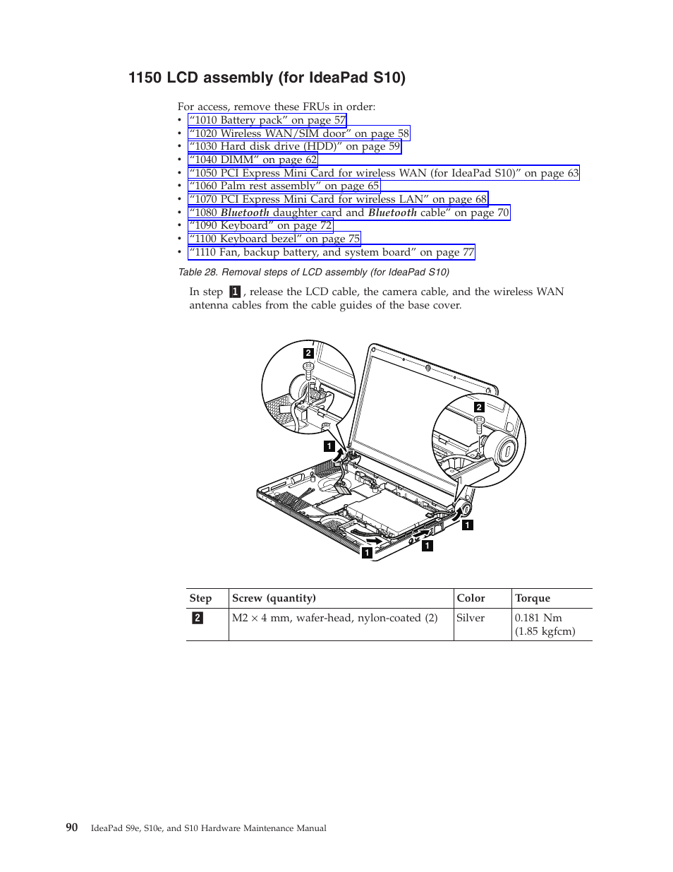 1150 lcd assembly (for ideapad s10), Assembly, Ideapad | S10) | Lenovo IdeaPad S9e -FR User Manual | Page 98 / 142