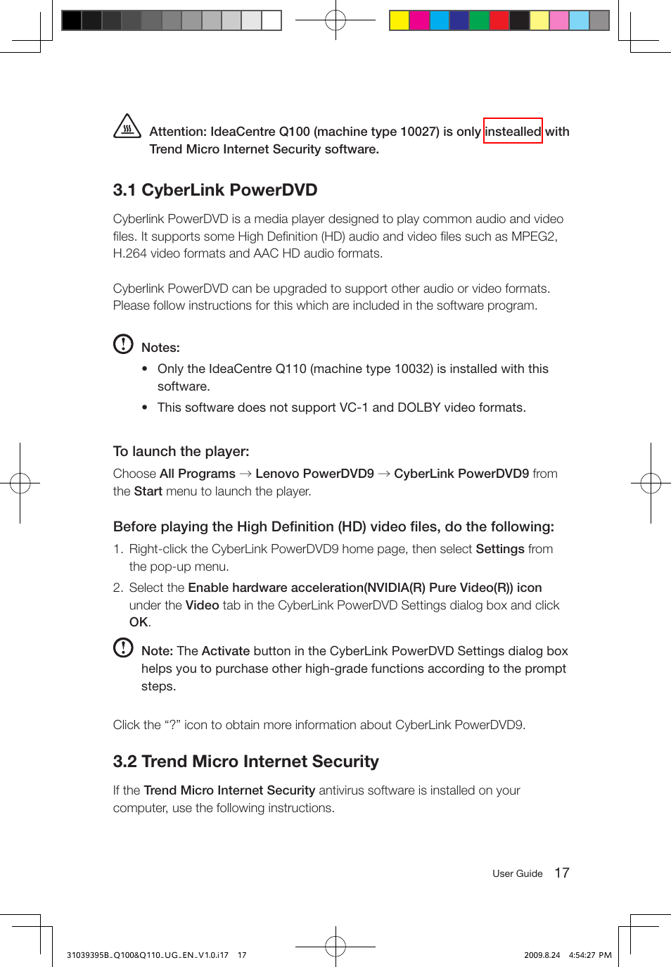 1 cyberlink powerdvd, 2 trend micro internet security | Lenovo IdeaCentre Q100 User Manual | Page 22 / 33