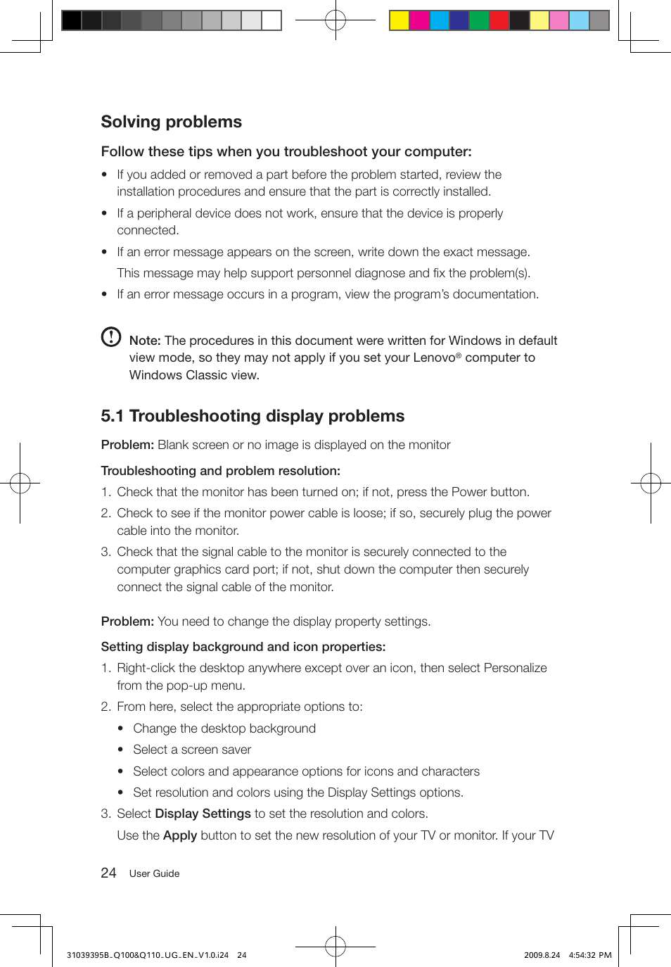 Solving problems, 1 troubleshooting display problems | Lenovo IdeaCentre Q100 User Manual | Page 29 / 33