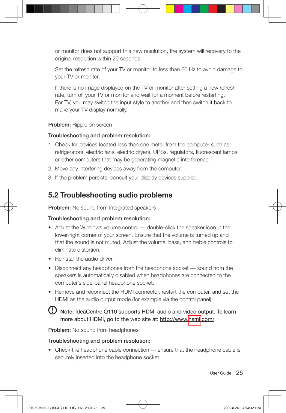 2 troubleshooting audio problems | Lenovo IdeaCentre Q100 User Manual | Page 30 / 33