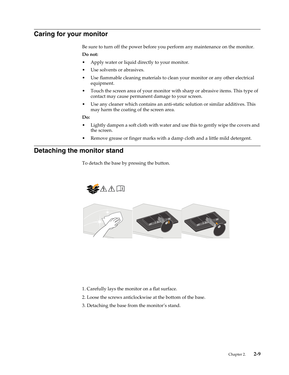 Caring for your monitor, Detaching the monitor stand, Caring for your monitor -9 | Detaching the monitor stand -8 | Lenovo L215 Wide Flat Panel Monitor User Manual | Page 19 / 27