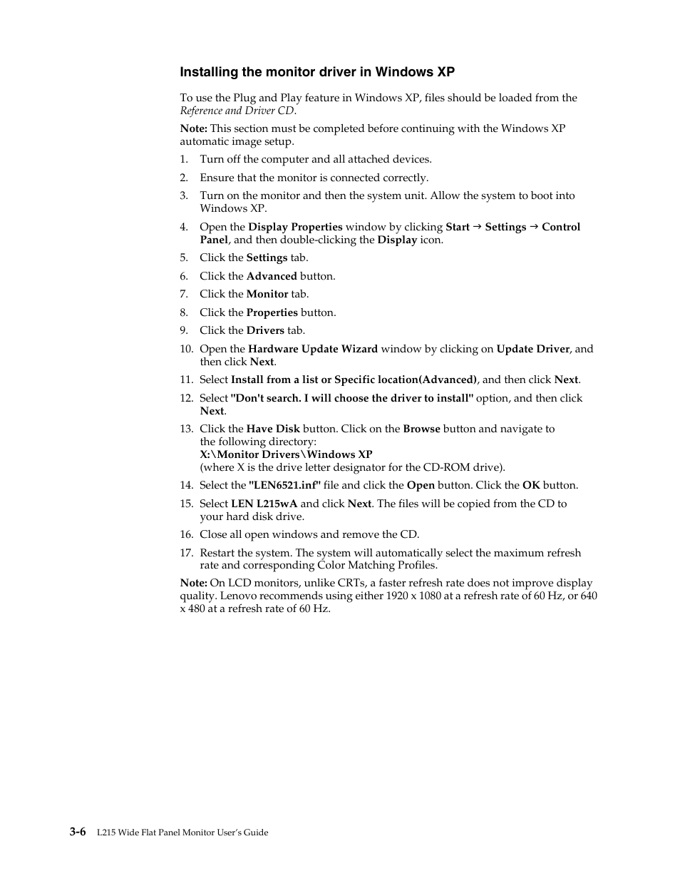 Installing the monitor driver in windows xp | Lenovo L215 Wide Flat Panel Monitor User Manual | Page 25 / 27