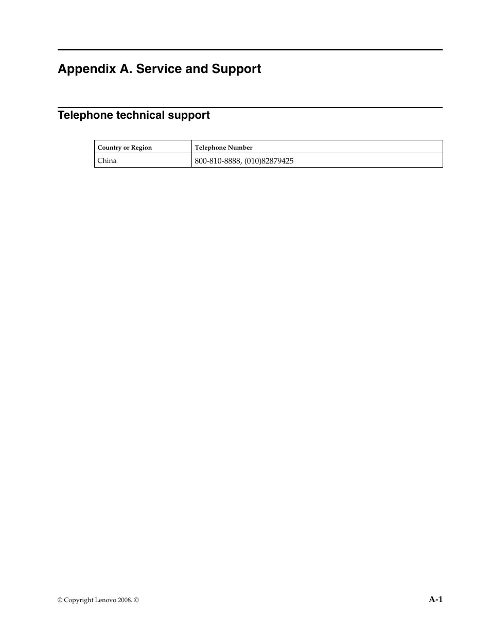 Appendix a. service and support, Appendix a, Service and | Telephone technical support | Lenovo L215 Wide Flat Panel Monitor User Manual | Page 26 / 27