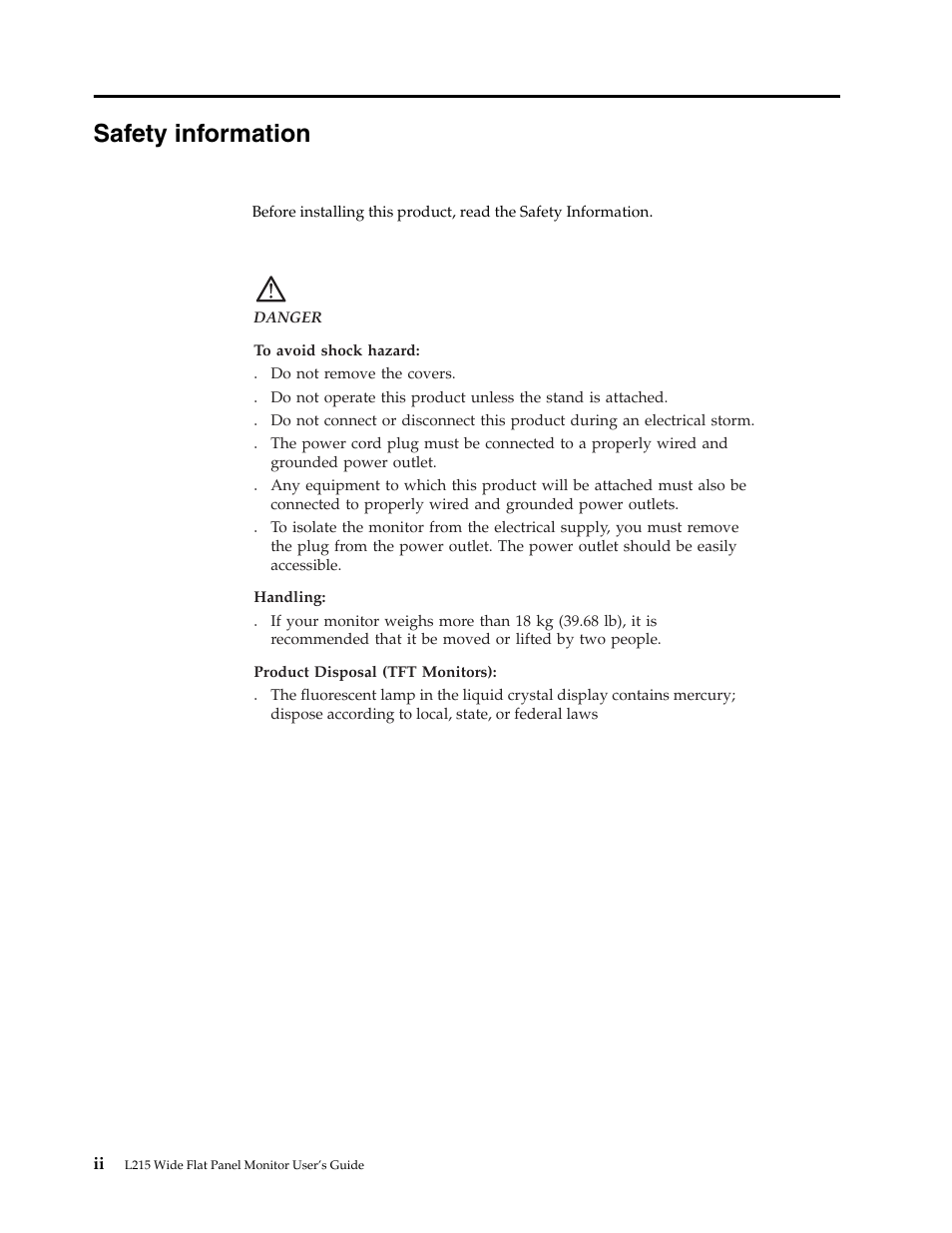 Safety information | Lenovo L215 Wide Flat Panel Monitor User Manual | Page 4 / 27