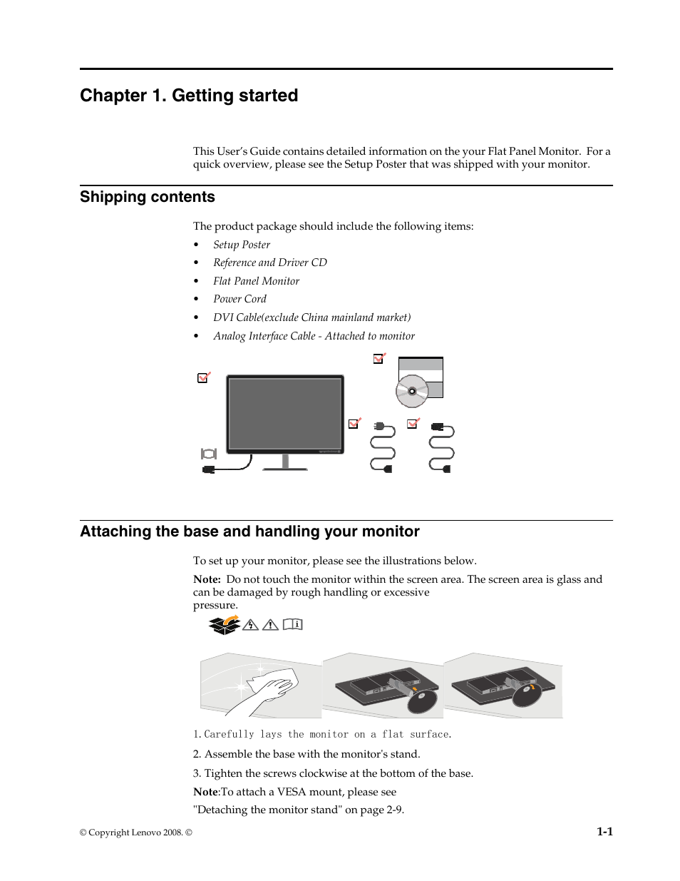 Chapter 1. getting started, Shipping contents, Attaching the base and handling your monitor | Ted -1, Shipping contents -1, Attaching the base and handling your monitor -1 | Lenovo L215 Wide Flat Panel Monitor User Manual | Page 5 / 27