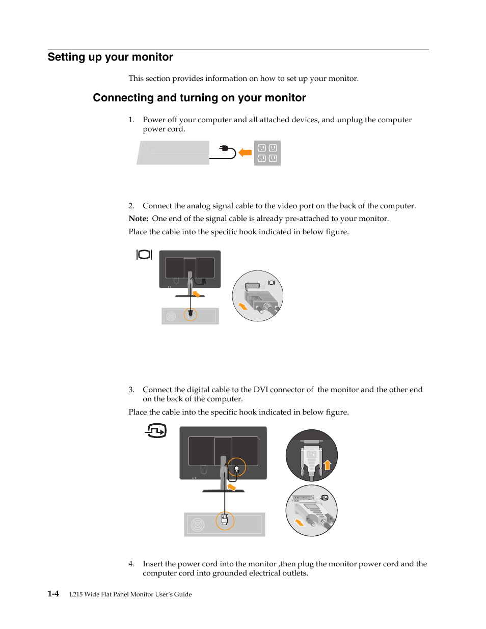 Setting up your monitor, Connecting and turning on your monitor, Cable lock slot | Connecting and turning on your monitor -4 | Lenovo L215 Wide Flat Panel Monitor User Manual | Page 8 / 27