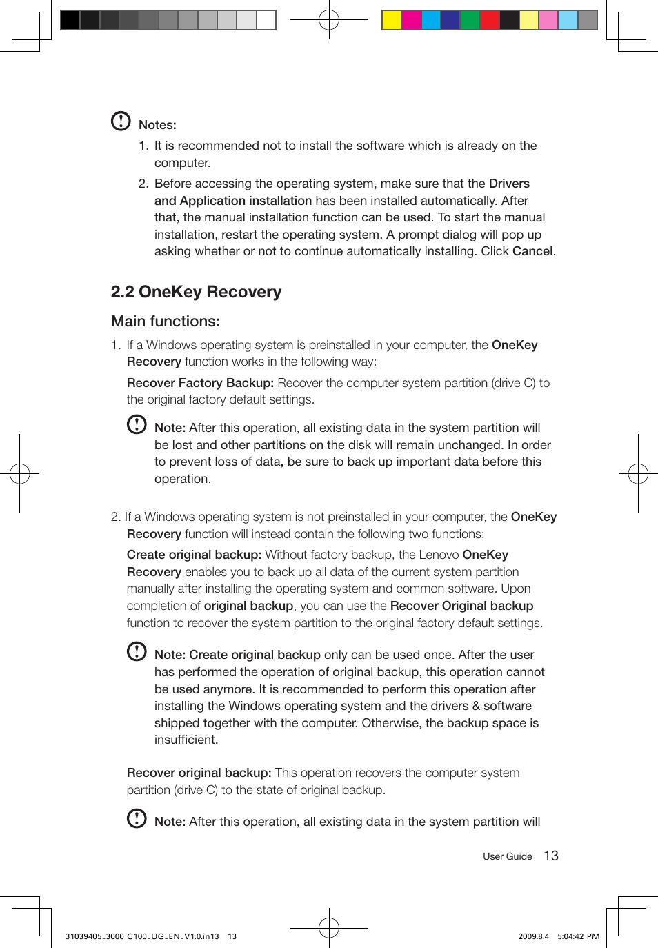 2 onekey recovery, Main functions | Lenovo 3000 C100 All-In-One User Manual | Page 18 / 37