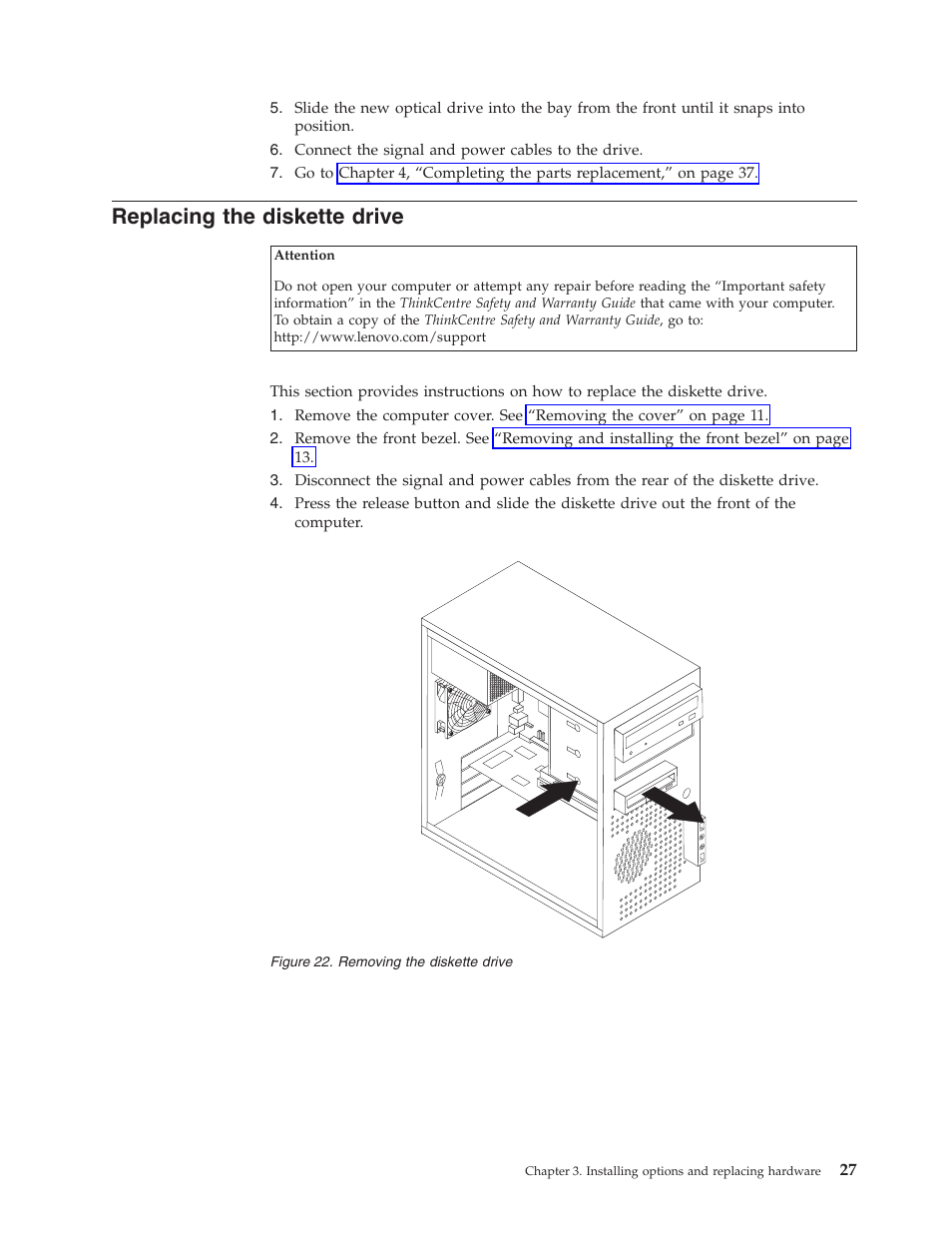 Replacing the diskette drive, Replacing, Diskette | Drive, Removing | Lenovo ThinkCentre A57e User Manual | Page 35 / 56