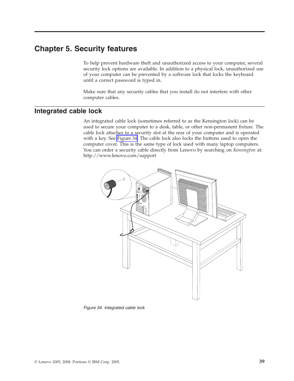 Chapter 5. security features, Integrated cable lock, Chapter | Security, Features, Integrated, Cable, Lock | Lenovo ThinkCentre A57e User Manual | Page 47 / 56