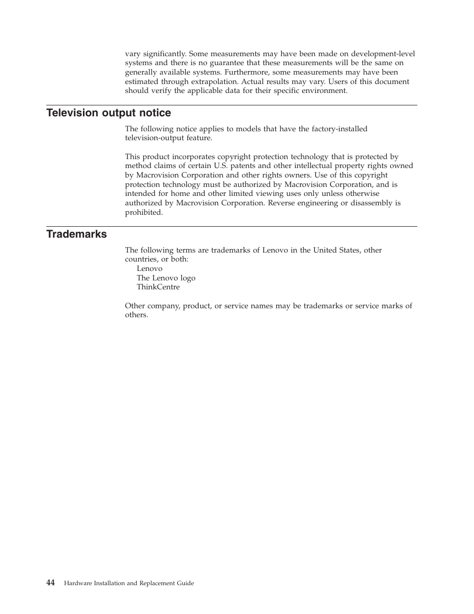 Television output notice, Trademarks, Television | Output, Notice | Lenovo ThinkCentre A57e User Manual | Page 52 / 56