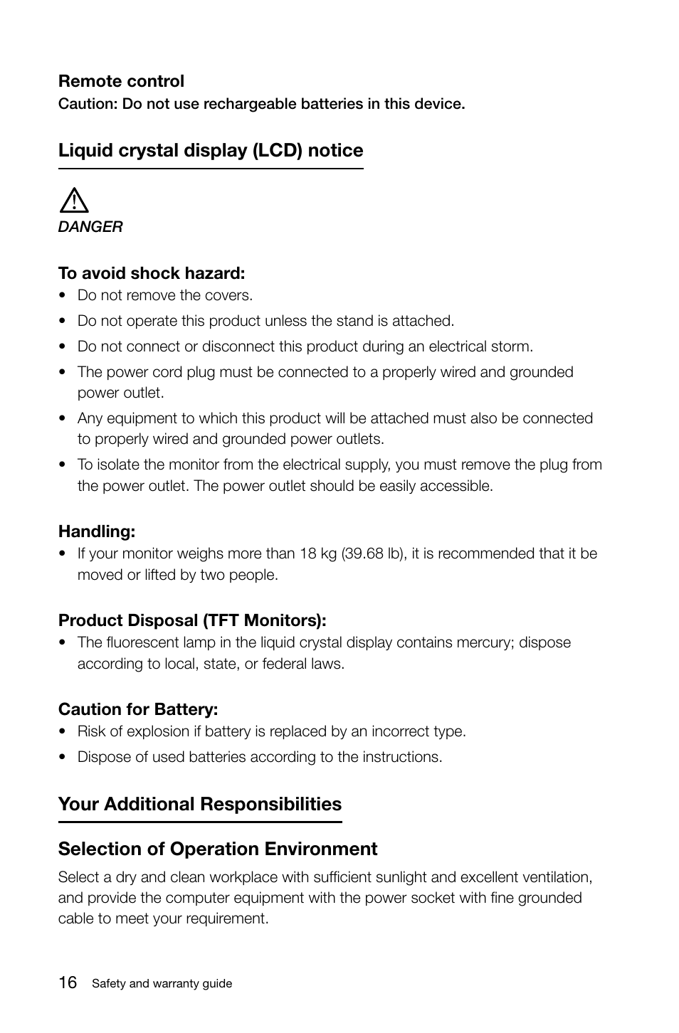 Liquid crystal display (lcd) notice, Selection of operation environment | Lenovo IdeaCentre A720 User Manual | Page 21 / 47