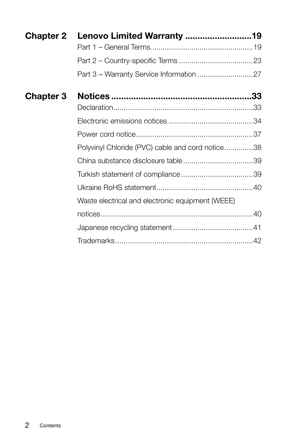 Chapter 2 lenovo limited warranty, Chapter 3 notices | Lenovo IdeaCentre A720 User Manual | Page 5 / 47