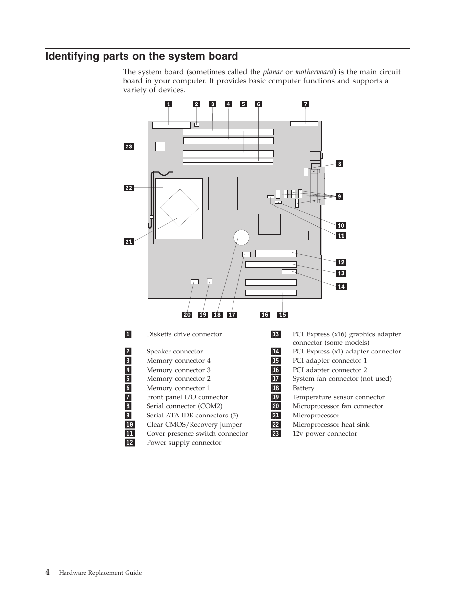 Identifying parts on the system board, Identifying, Parts | System, Board | Lenovo ThinkCentre M55 User Manual | Page 12 / 48