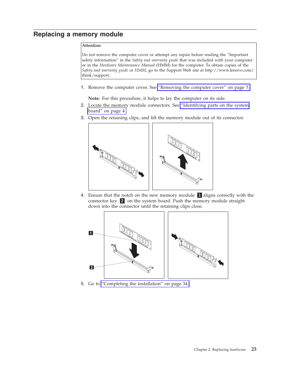 Replacing a memory module, Replacing, Memory | Module | Lenovo ThinkCentre M55 User Manual | Page 31 / 48