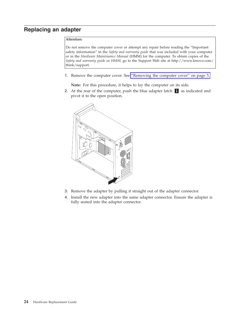 Replacing an adapter, Replacing, Adapter | Lenovo ThinkCentre M55 User Manual | Page 32 / 48